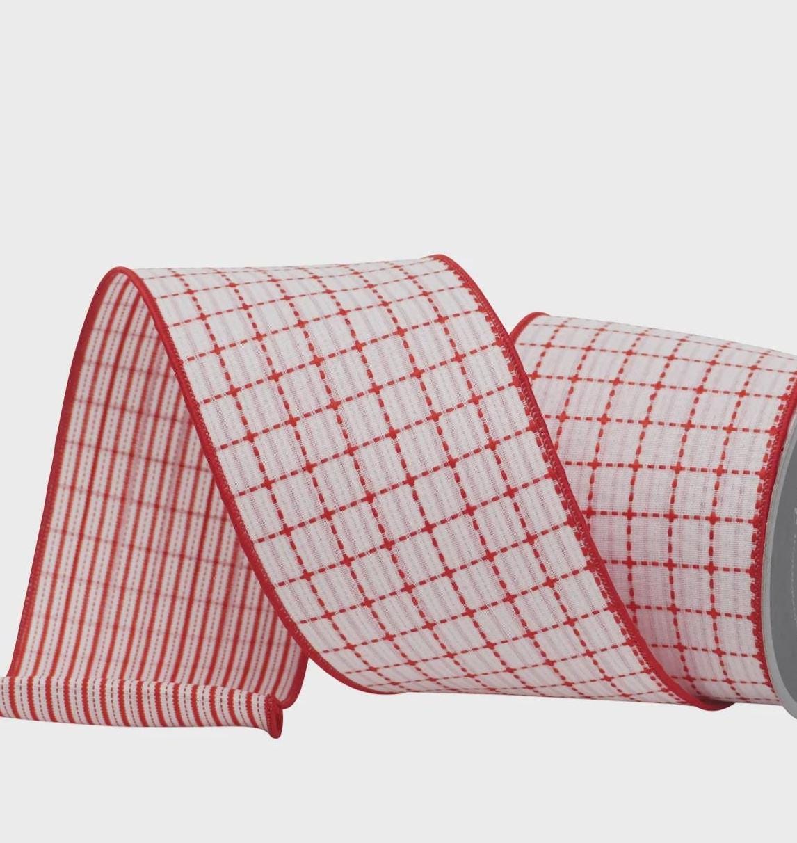 Farrisilk Red & White Peppermint Cottage Plaid Wired Ribbon 4" x 10 Yards | Farmhouse Christmas Bow, Holiday Wreath, Gift Wrap