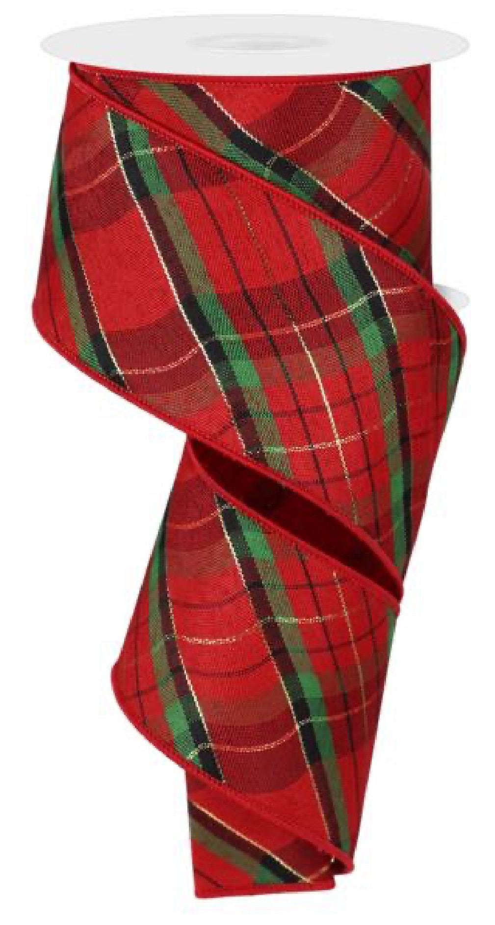 2.5” x 10yd Metallic Plaid Diagonal Ribbon – Fused Back Wired Edge Ribbon for Holiday Wreaths, Christmas Tree Bows, Gift Wrapping & Crafts