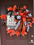 Halloween Wreath for Front Door, October 31st Decor with Bows, Orange Leaves & Polka Dot Ribbons – Fall Door Hanger, Spooky Porch Decoration