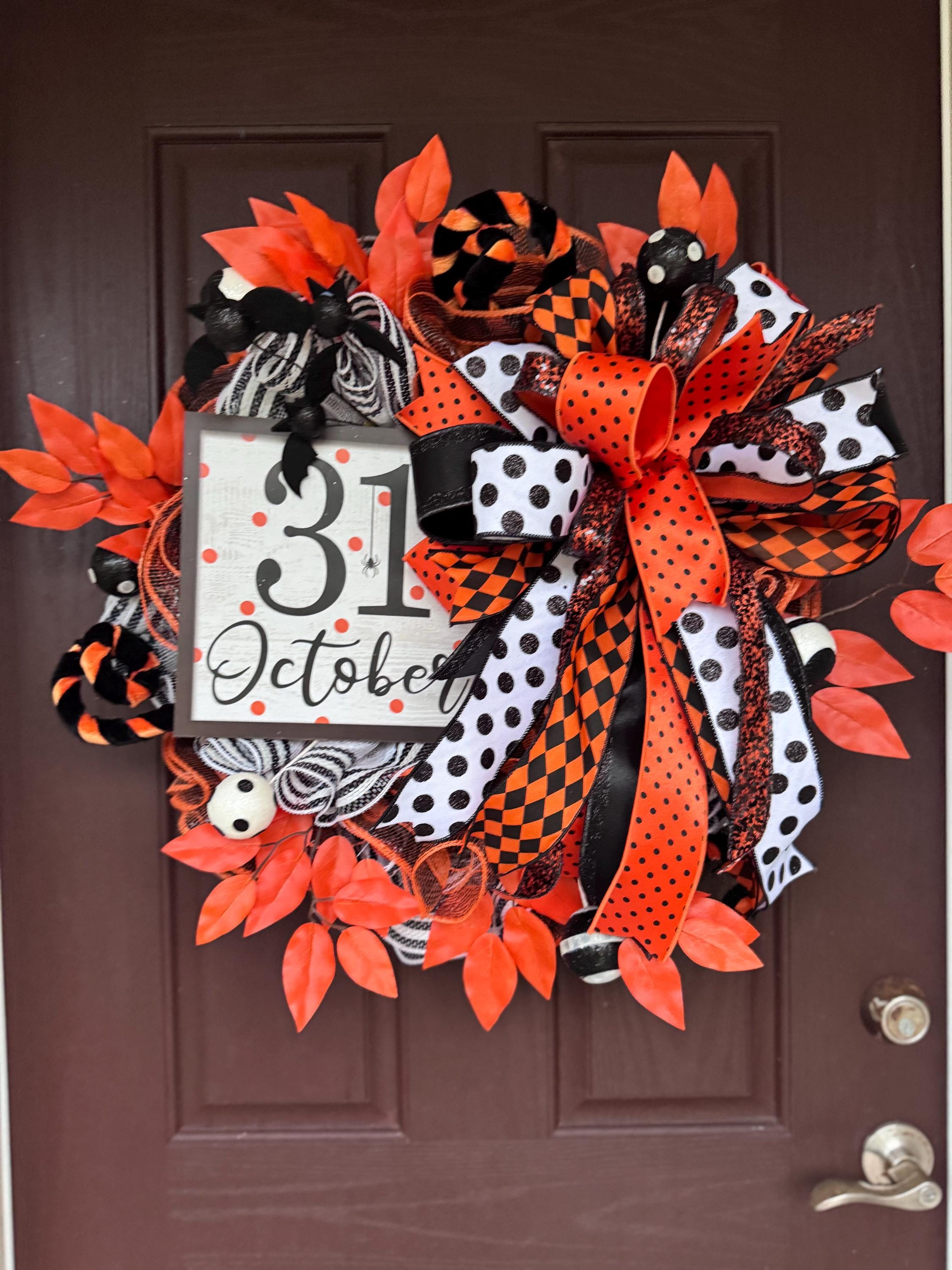 Halloween Wreath for Front Door, October 31st Decor with Bows, Orange Leaves & Polka Dot Ribbons – Fall Door Hanger, Spooky Porch Decoration