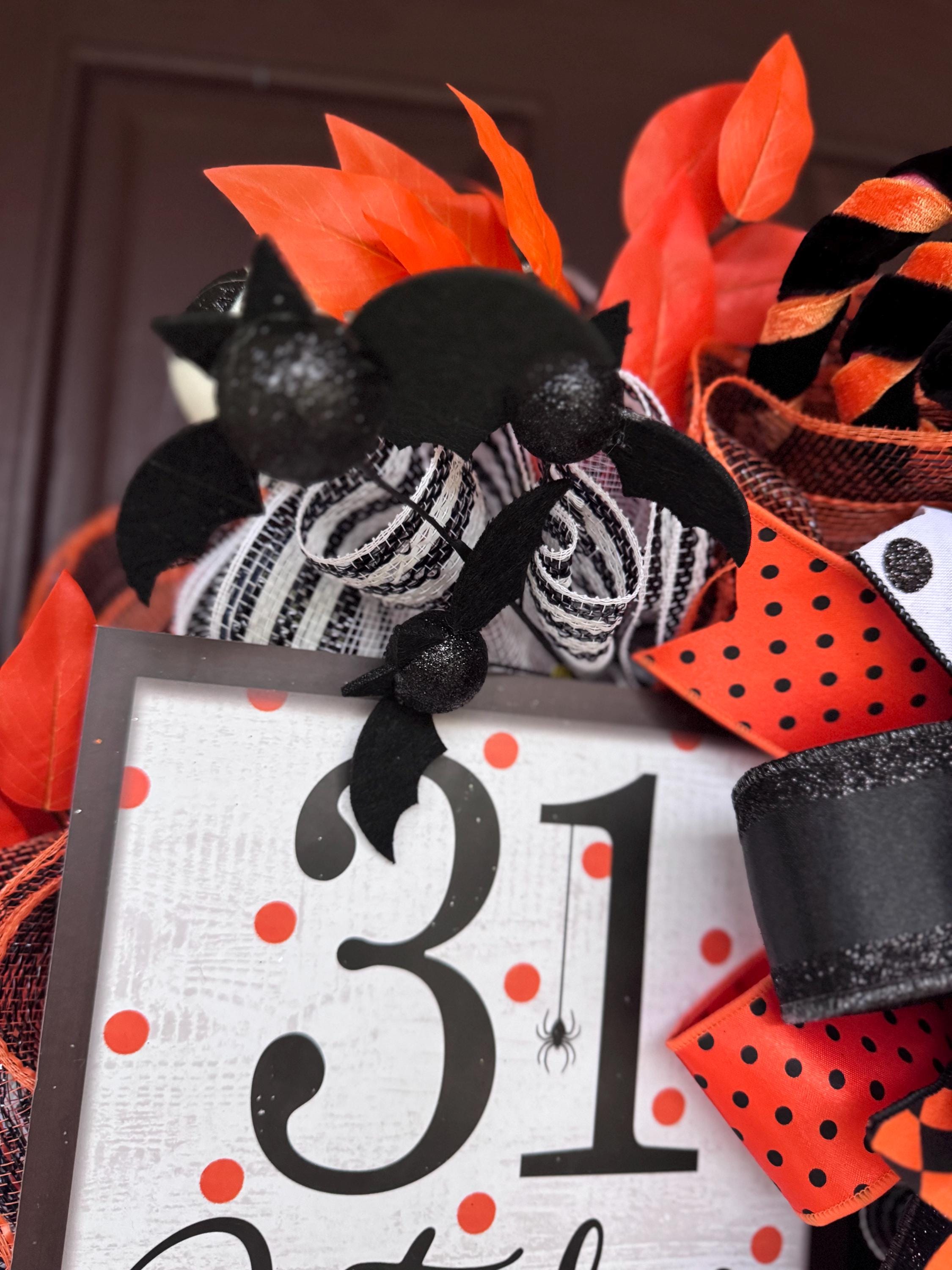 Halloween Wreath for Front Door, October 31st Decor with Bows, Orange Leaves & Polka Dot Ribbons – Fall Door Hanger, Spooky Porch Decoration