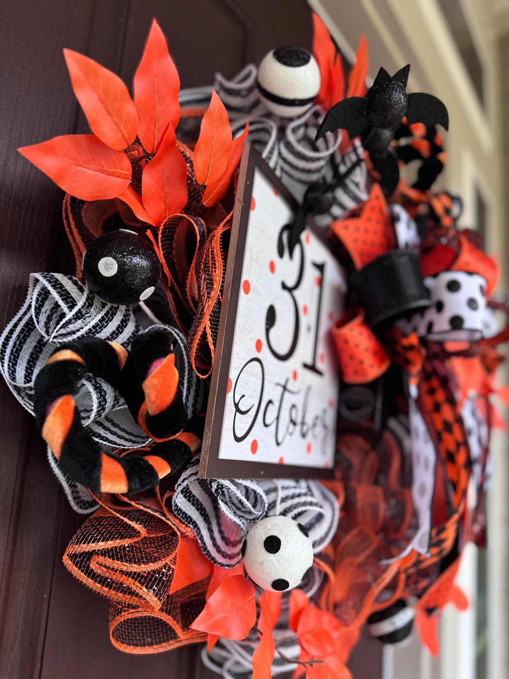 Halloween Wreath for Front Door, October 31st Decor with Bows, Orange Leaves & Polka Dot Ribbons – Fall Door Hanger, Spooky Porch Decoration