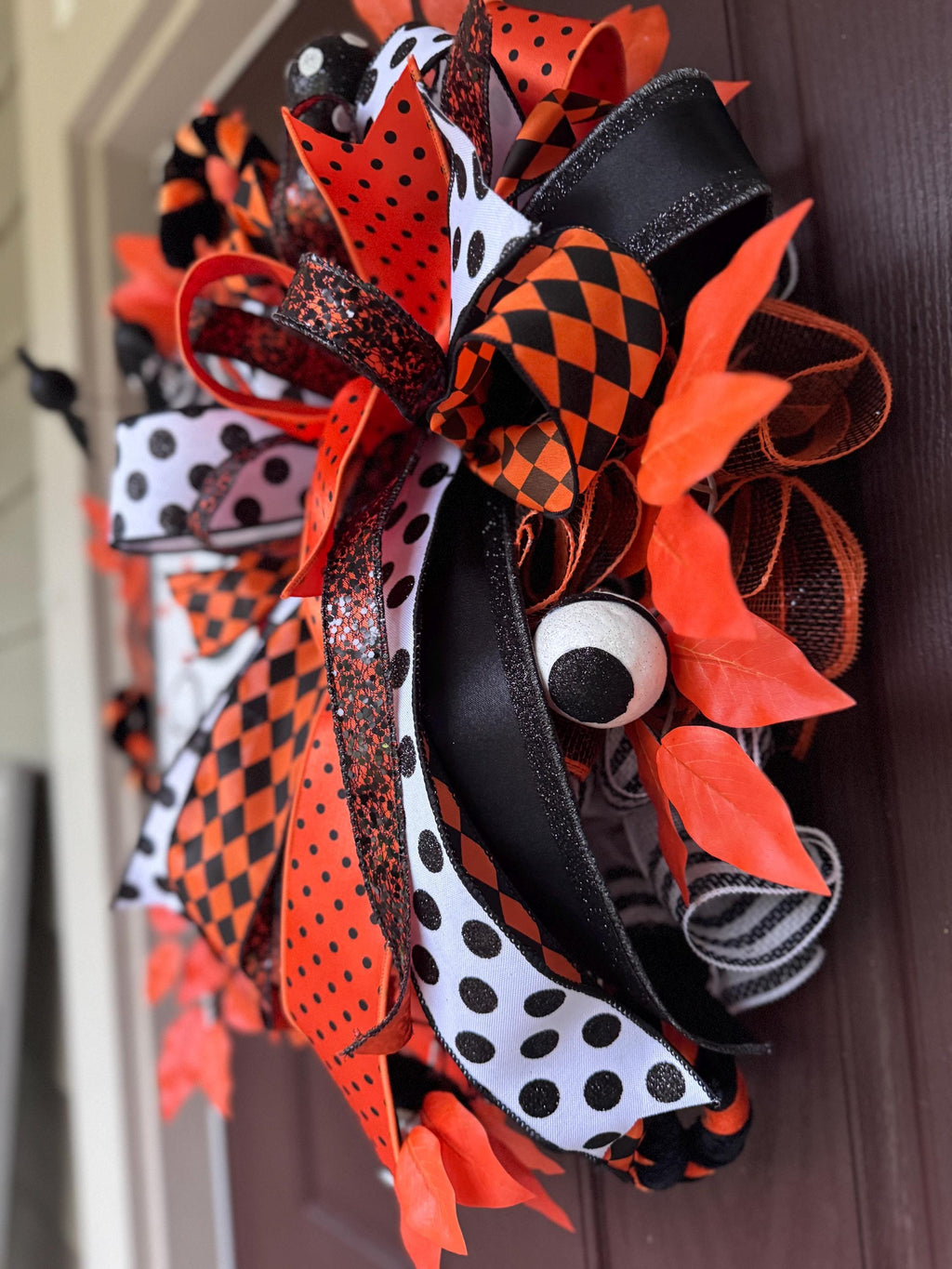 Halloween Wreath for Front Door, October 31st Decor with Bows, Orange Leaves & Polka Dot Ribbons – Fall Door Hanger, Spooky Porch Decoration
