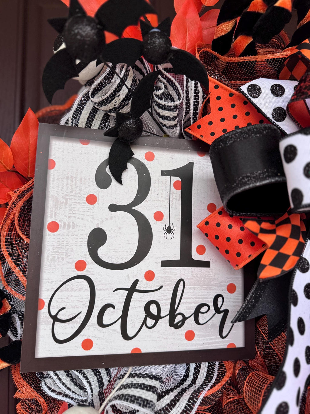 Halloween Wreath for Front Door, October 31st Decor with Bows, Orange Leaves & Polka Dot Ribbons – Fall Door Hanger, Spooky Porch Decoration
