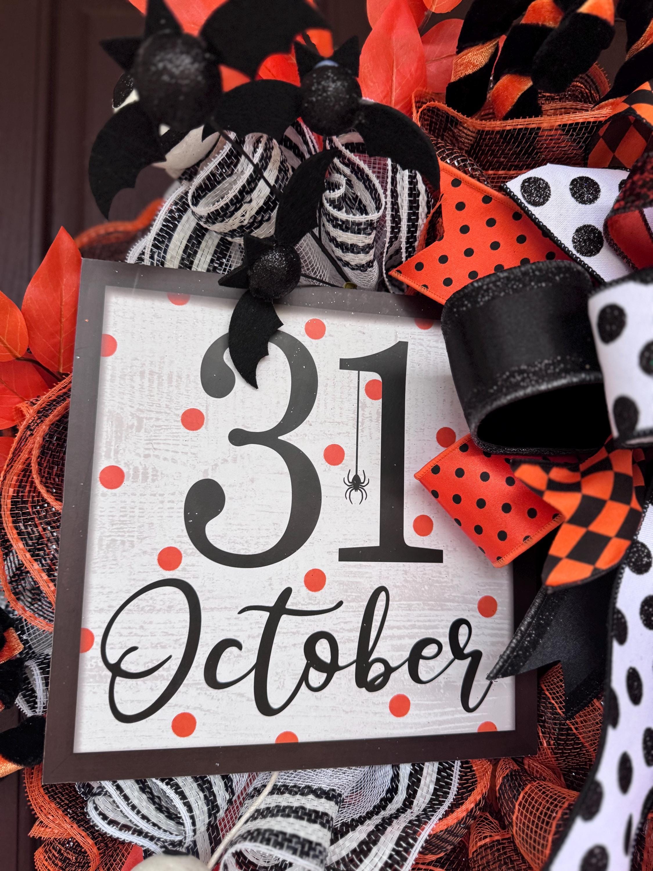 Halloween Wreath for Front Door, October 31st Decor with Bows, Orange Leaves & Polka Dot Ribbons – Fall Door Hanger, Spooky Porch Decoration