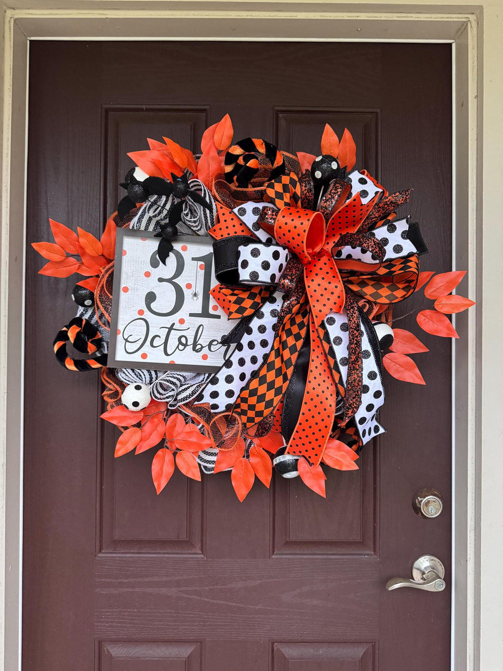 Halloween Wreath for Front Door, October 31st Decor with Bows, Orange Leaves & Polka Dot Ribbons – Fall Door Hanger, Spooky Porch Decoration