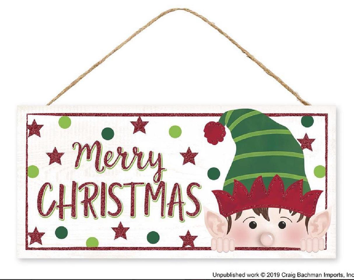 Glitter Peeking Elf Christmas Sign – 12.5”x6” Holiday Shelf Sitter, Cute Elf Christmas Decor, Farmhouse Holiday Mantel Decoration