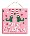 Merry Christmas Elf Glitter Sign – 10” Square Holiday Wall or Mantel Décor, Whimsical Elf Christmas Decoration, Festive Glitter Holiday Sign