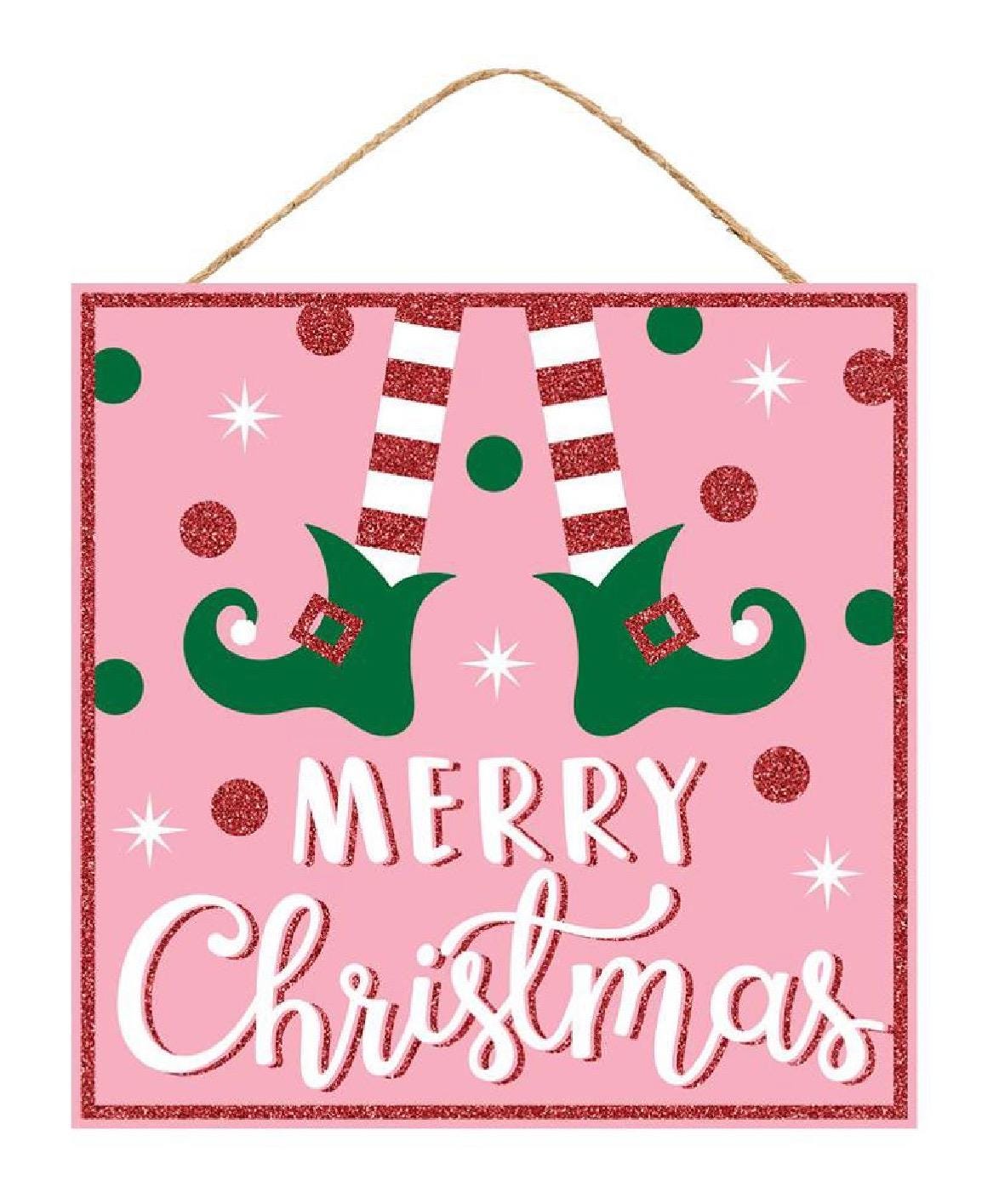 Merry Christmas Elf Glitter Sign – 10” Square Holiday Wall or Mantel Décor, Whimsical Elf Christmas Decoration, Festive Glitter Holiday Sign