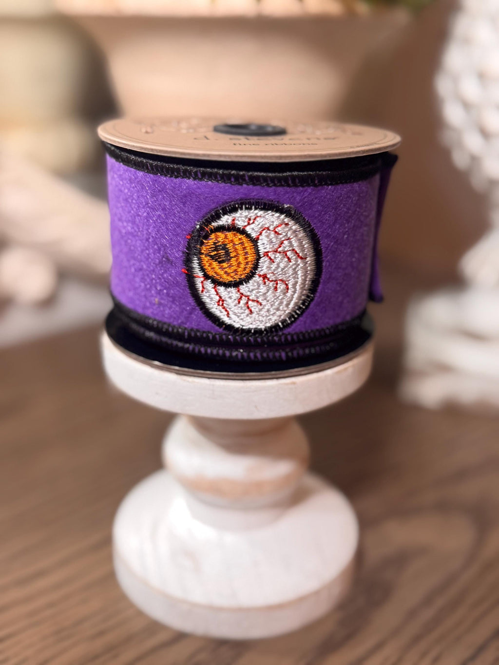 D Stevens 2" x 5yds Ribbon – Purple Felt Embroidery Wired Ribbon | Luxury Halloween Ribbon for Wreaths, Bows & Spooky Decor, Eyeball ribbon