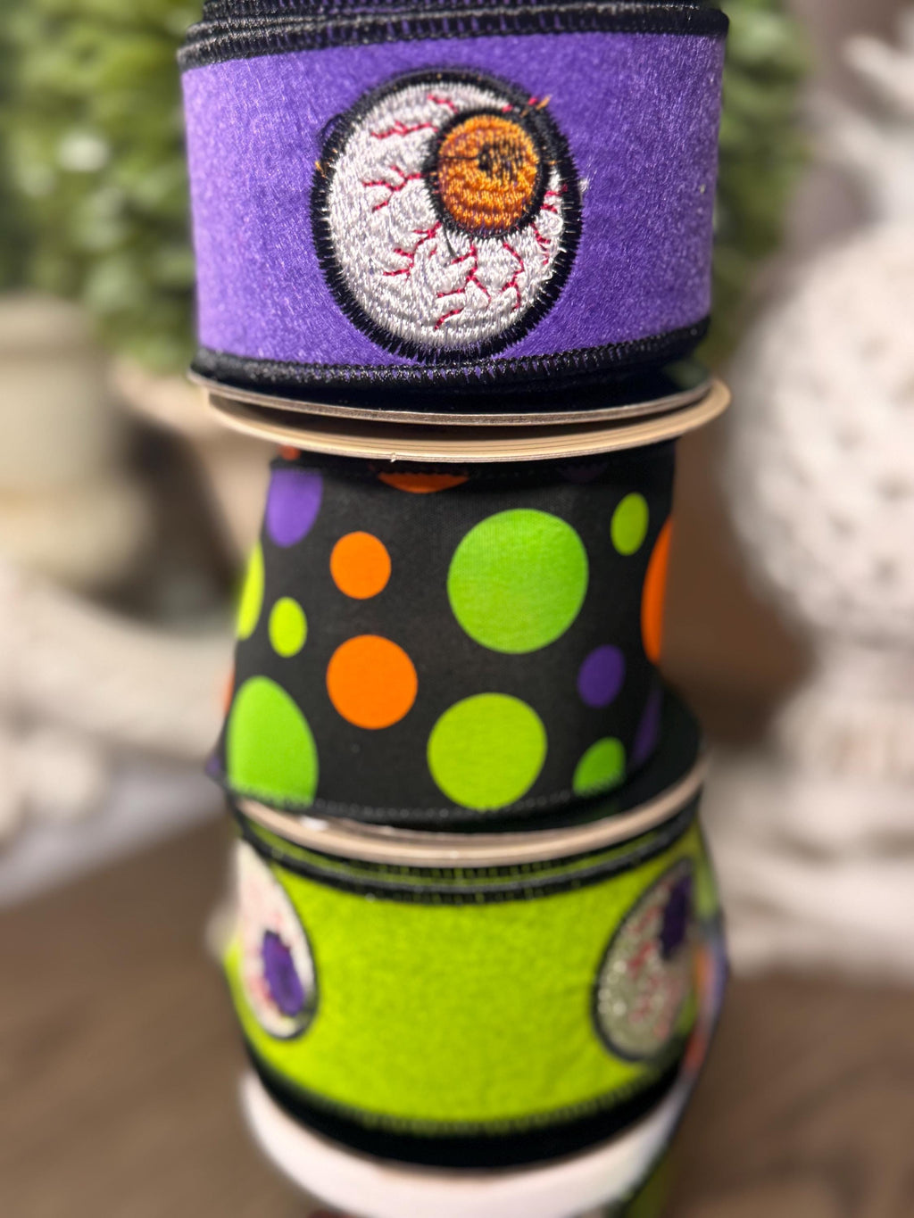 D Stevens 2" x 5yds Ribbon – Green Felt Embroidery Wired Ribbon | Luxury Halloween Ribbon for Wreaths, Bows & Spooky Decor, Eyeball ribbon