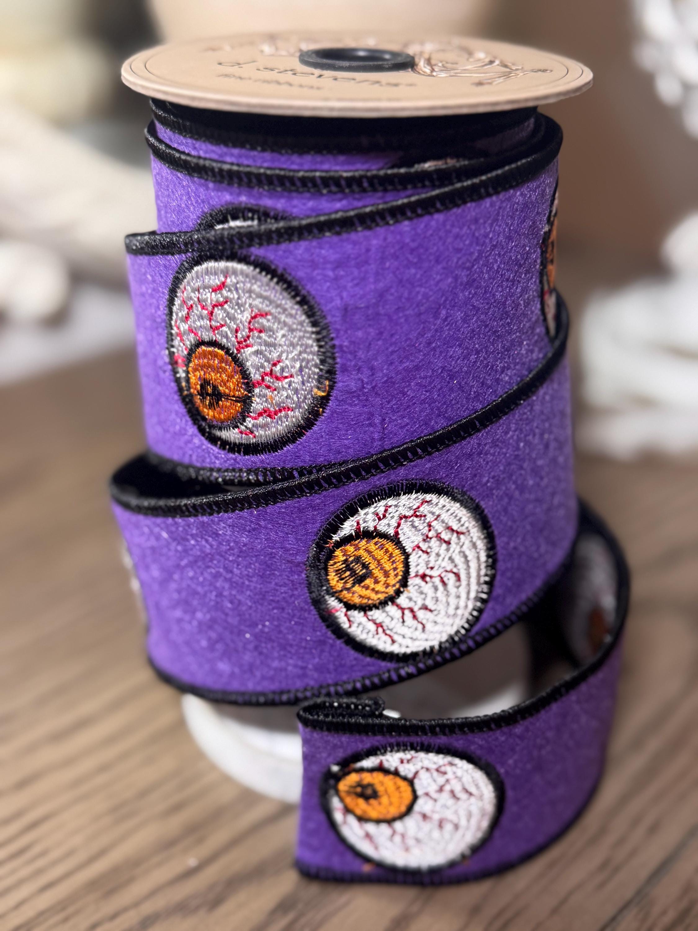 D Stevens 2" x 5yds Ribbon – Purple Felt Embroidery Wired Ribbon | Luxury Halloween Ribbon for Wreaths, Bows & Spooky Decor, Eyeball ribbon