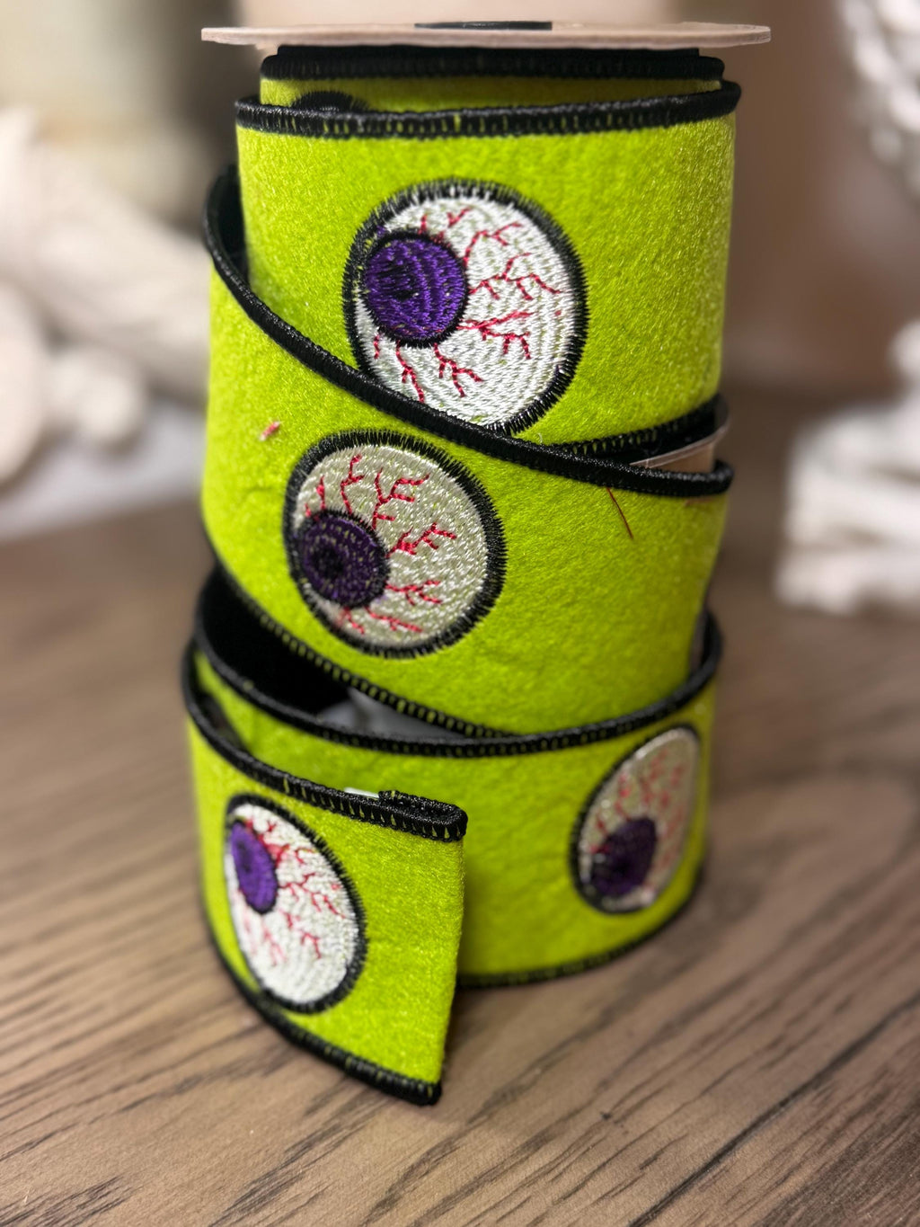 D Stevens 2" x 5yds Ribbon – Green Felt Embroidery Wired Ribbon | Luxury Halloween Ribbon for Wreaths, Bows & Spooky Decor, Eyeball ribbon