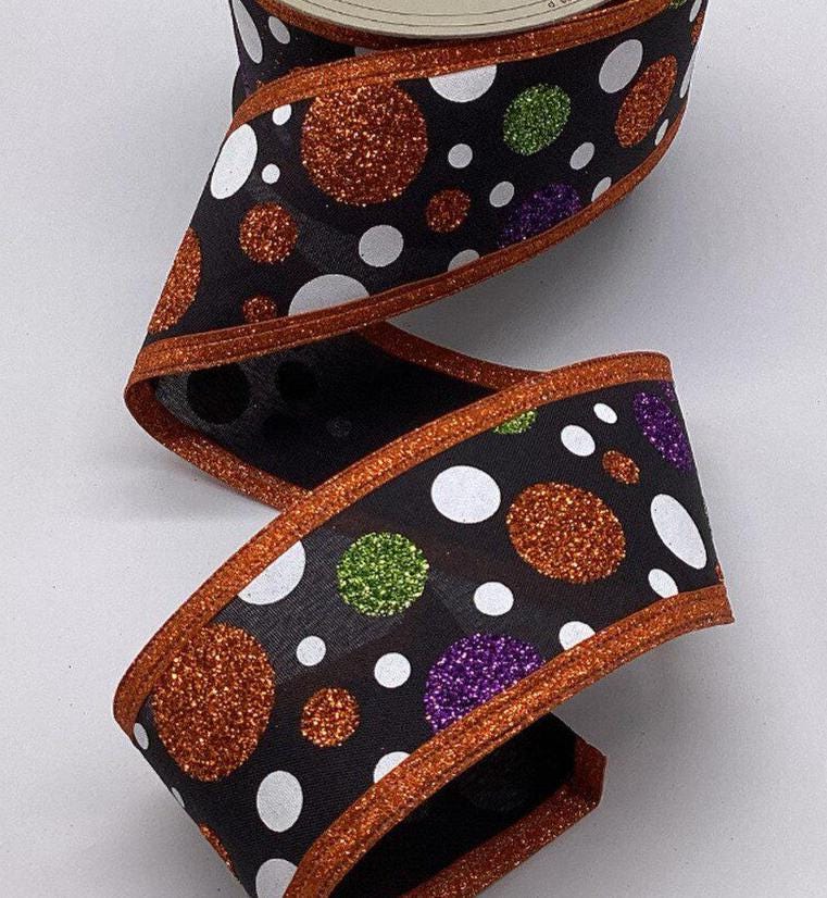 D Stevens 2.5" x 10yds Ribbon, Black Poplin with Glitter Polka Dots, Orange Glitter Edge, Halloween Wired Ribbon for Wreaths, Bows and trees