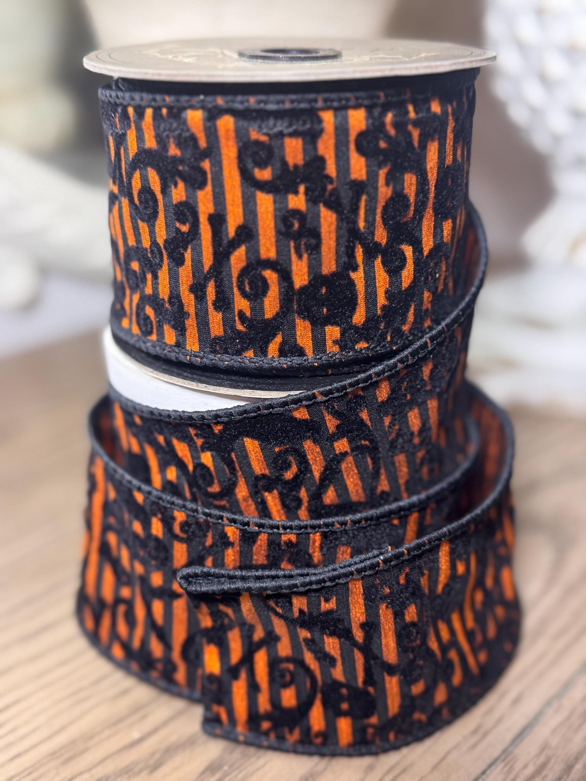 D Stevens 2.5" x 10yds Ribbon, Orange Dupion Flocked Halloween Stripe, Wired Designer Ribbon for Wreaths, Bows, Spooky Decor, Halloween Tree