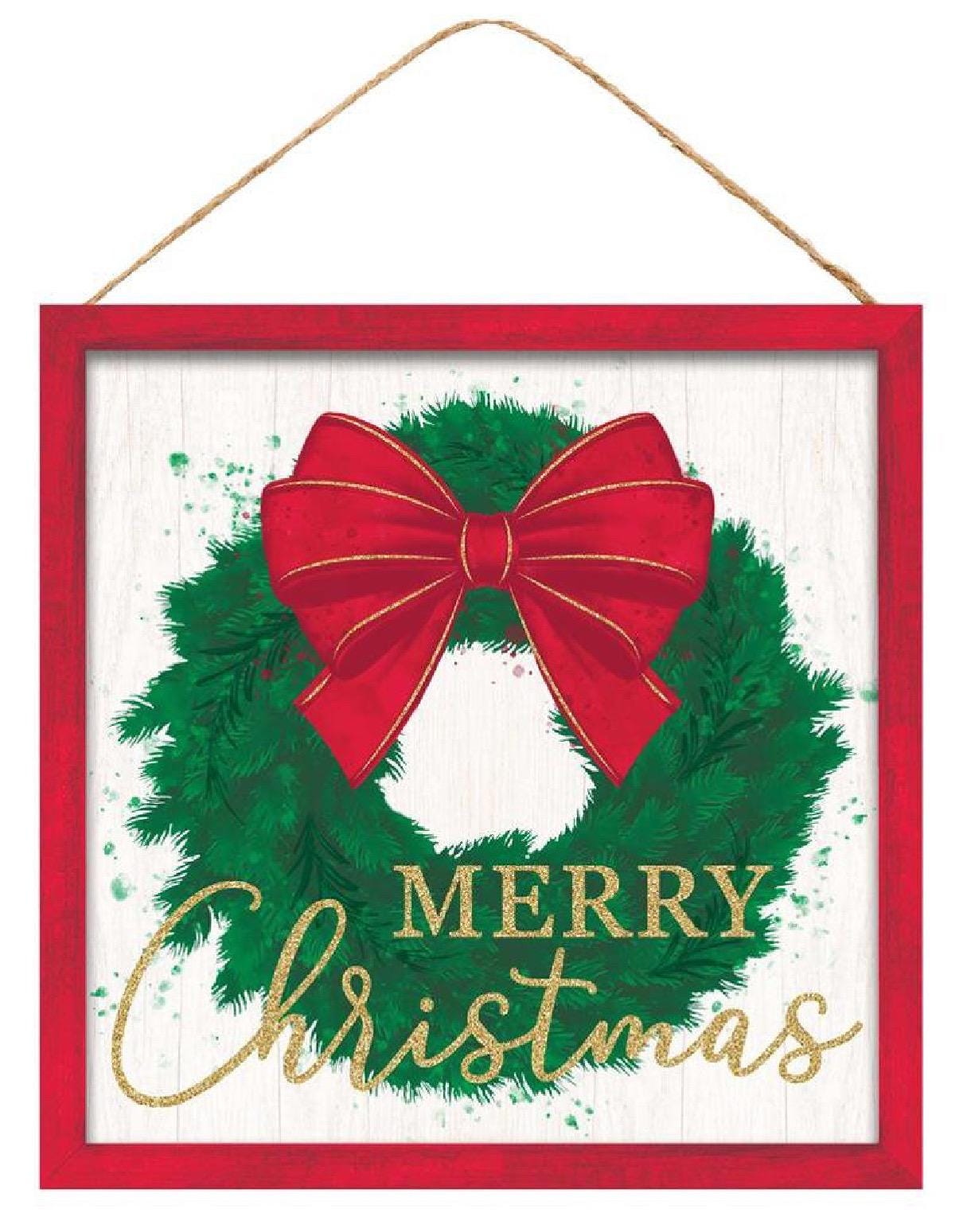 Merry Christmas Wreath Sign – 10” Square Rustic Farmhouse Holiday Wall Décor – MDF Christmas Mantel or Shelf Accent