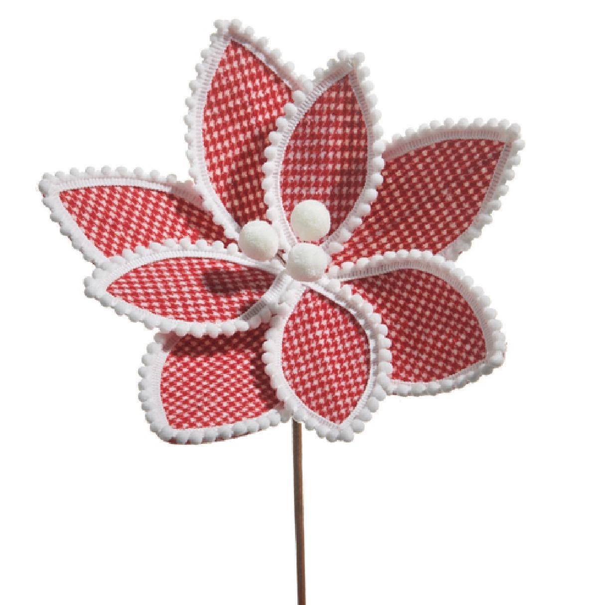 Red and White Gingham Poinsettia Pick – 16.5” Christmas Floral Stem – Rustic Farmhouse Holiday Arrangement, Festive Centerpiece Accent