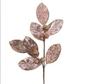 Icy Metallic Magnolia Leaf Ball Spray – 27.5” Rose Gold Christmas Floral Stem – Glam Holiday Arrangement, Winter Wedding & Mantel Décor