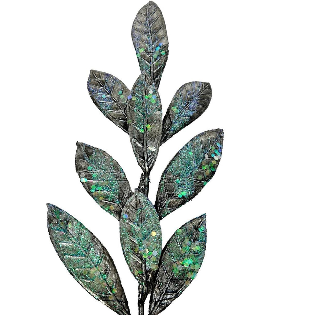 Metallic Bay Leaf Pick – 14.5” Black Iridescent Glitter Stem – Glam Christmas Floral Arrangement, Holiday Centerpiece & Tree Accent