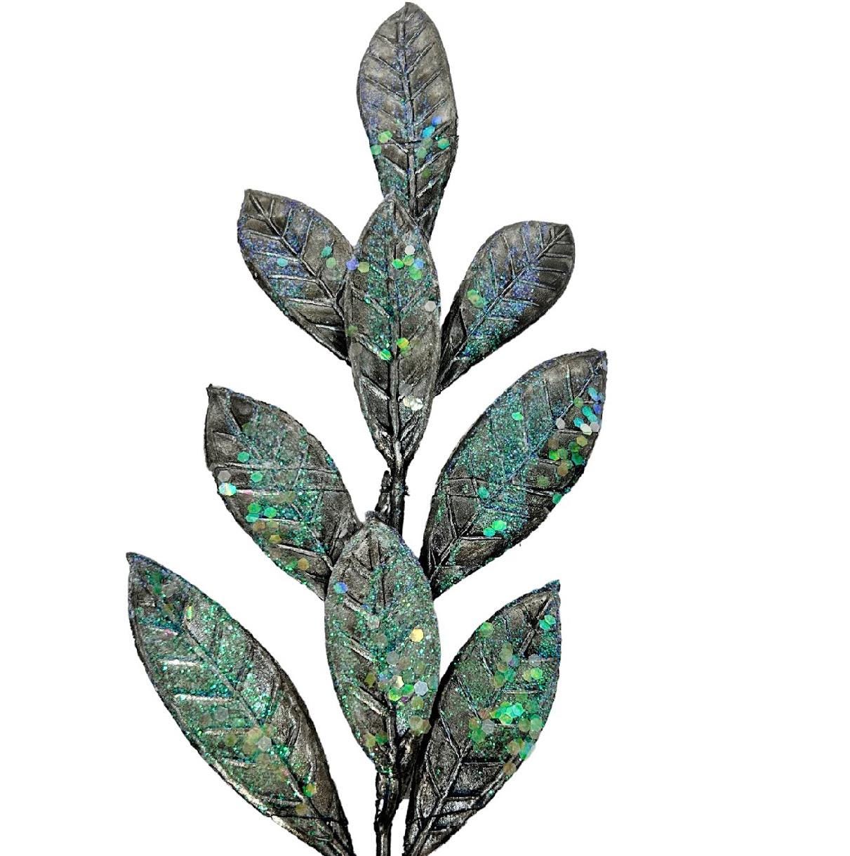 Metallic Bay Leaf Pick – 14.5” Black Iridescent Glitter Stem – Glam Christmas Floral Arrangement, Holiday Centerpiece & Tree Accent