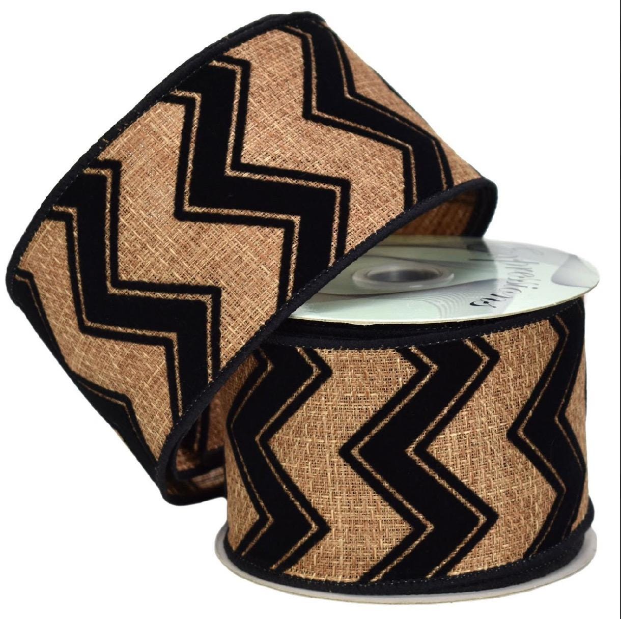 Flocked Chevron Burlap Wired Ribbon 2.5 x 10 Yards Rustic Farmhouse Ribbon for Wreaths, Crafts, Gift Wrapping, Bows, and Holiday Decor.
