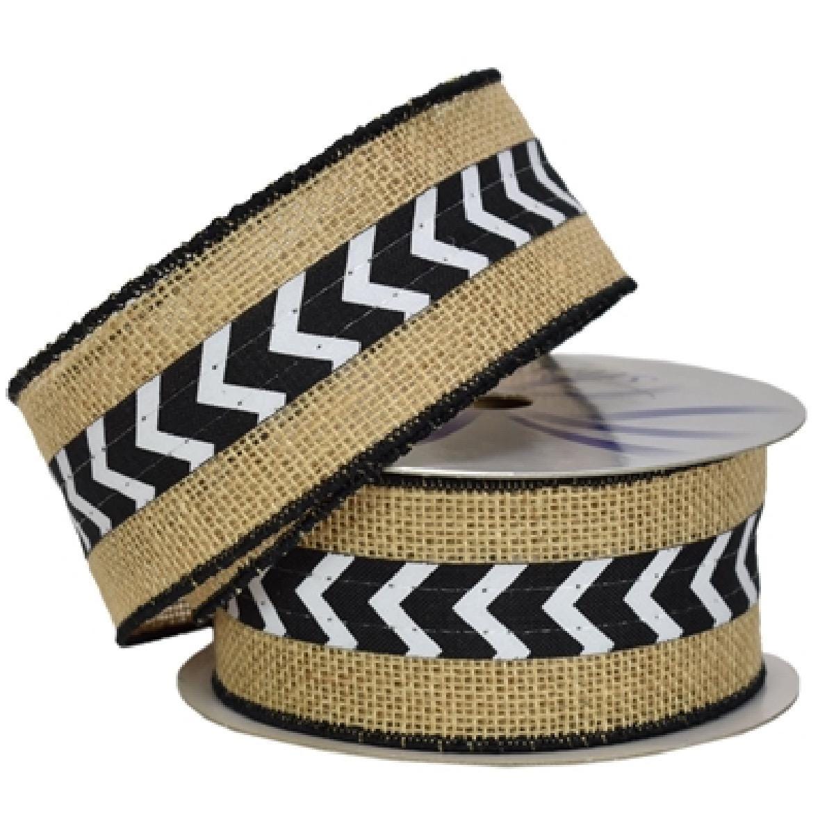 Burlap Black & White Mini Chevron Wired Ribbon – 2.5” x 10 Yards Rustic Farmhouse Ribbon for Wreaths, Bows, Crafts, Gifts.