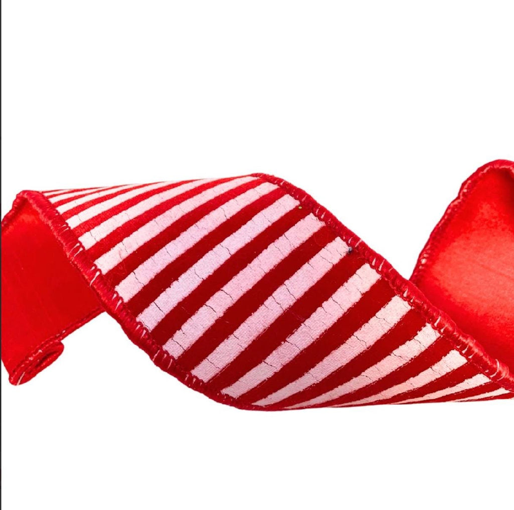 Red Velvet with White Cracked Stripe Wired Ribbon – 2.5” x 10 Yards Christmas for Wreaths, Bows, Gift Wrapping, Holiday Crafts & Décor.
