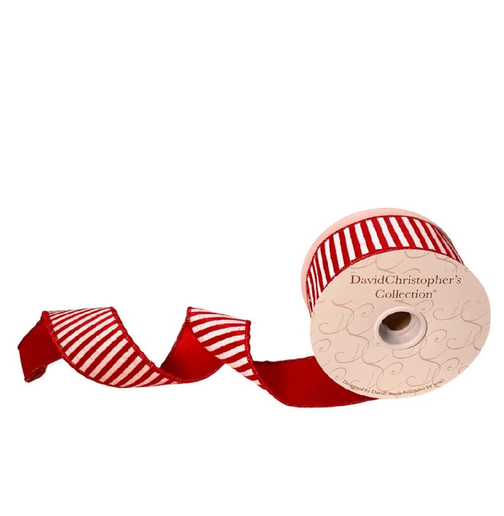 Red Velvet with White Cracked Stripe Wired Ribbon – 2.5” x 10 Yards Christmas for Wreaths, Bows, Gift Wrapping, Holiday Crafts & Décor.
