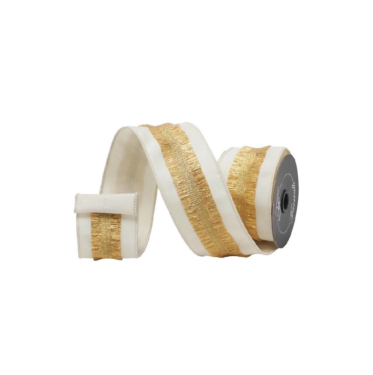 Farrisilk Gold Tinsel & Cream Ribbon – 2.5” x 10yd | Elegant Holiday Ribbon, Christmas Wreath Bow Supply, Gift Wrapping, DIY Décor
