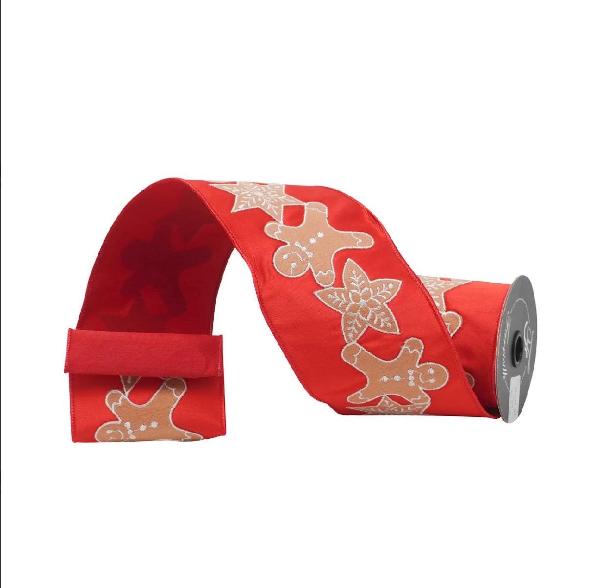 Farrisilk Happy Cookies Cream & Red Holiday Ribbon – 4” x 5yd | Christmas Cookie Print Ribbon, Extra Wide Wreath Bow Supply, Gift Wrapping