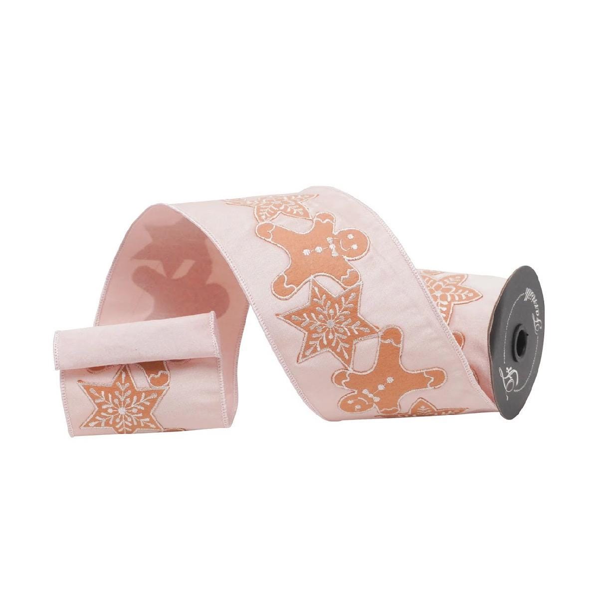 Farrisilk Happy Cookies Baby Pink Ribbon – 4” x 5yd | Gingerbread Man Cookie Christmas Ribbon, Extra Wide Holiday Wreath Bow Supply.