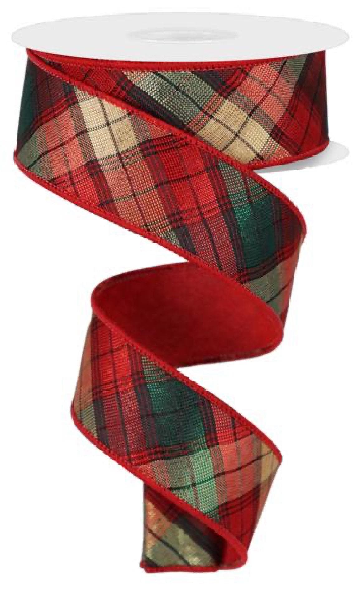 1.5” x 10yd Metallic Plaid Diagonal Ribbon – Fused Back Wired Edge Ribbon for Holiday Wreaths, Gift Wrapping, Christmas Bows & Crafts