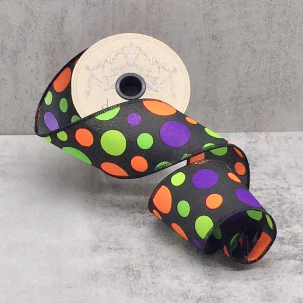 D Stevens 2.5" x 10yds Ribbon – Black Linen with Orange, Green & Purple Polka Dots | Halloween Wired Ribbon for Wreaths, Bows and Trees
