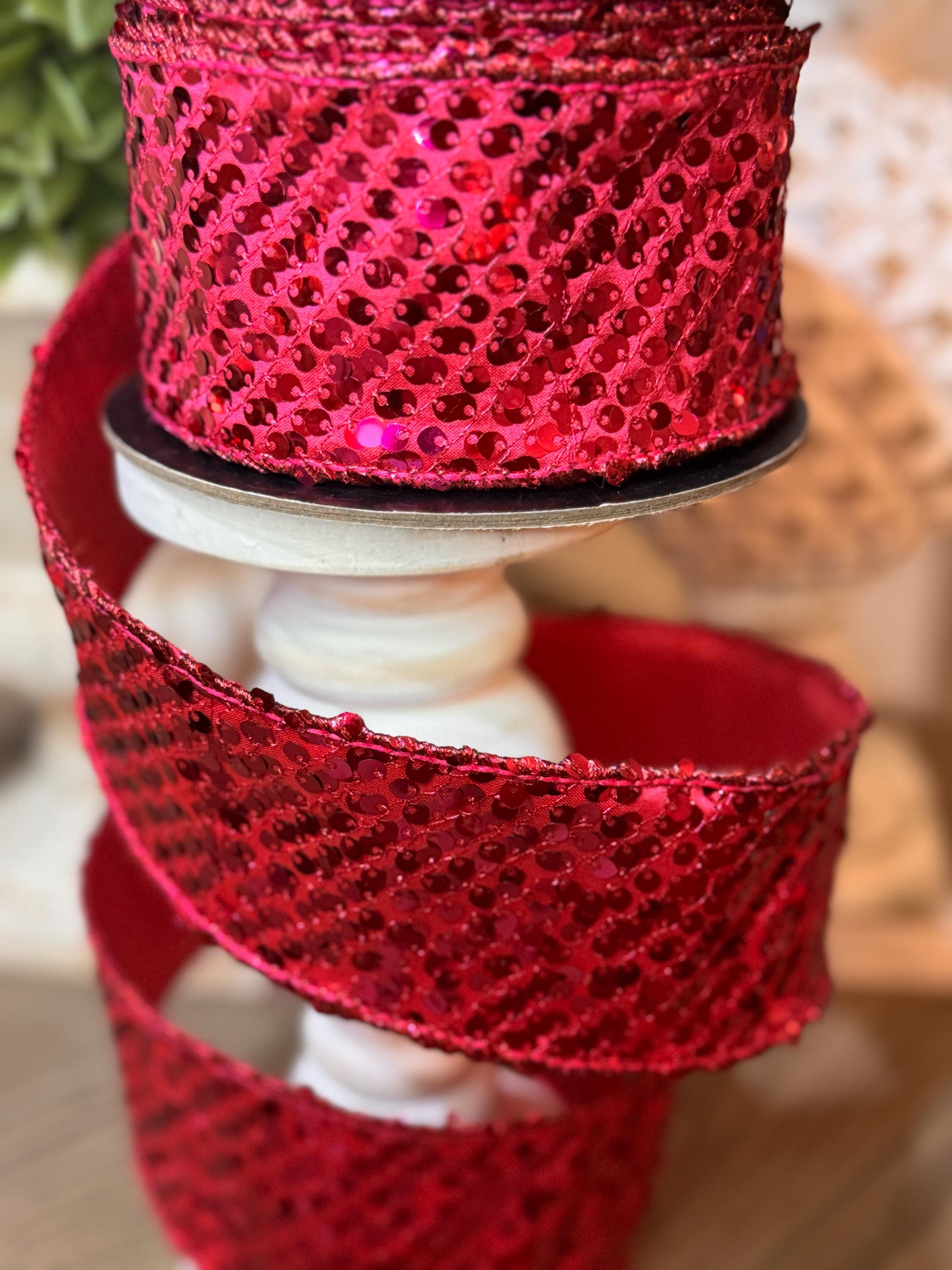 D Stevens 2.5" x 10yds Hot Pink Sequin Wired Ribbon, Glam Sparkle Ribbon for Bows, Wreaths, Party Decor, Gift Wrapping, Christmas, Halloween