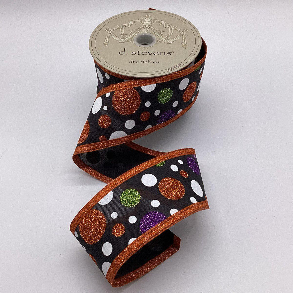 D Stevens 2.5" x 10yds Ribbon, Black Poplin with Glitter Polka Dots, Orange Glitter Edge, Halloween Wired Ribbon for Wreaths, Bows and trees