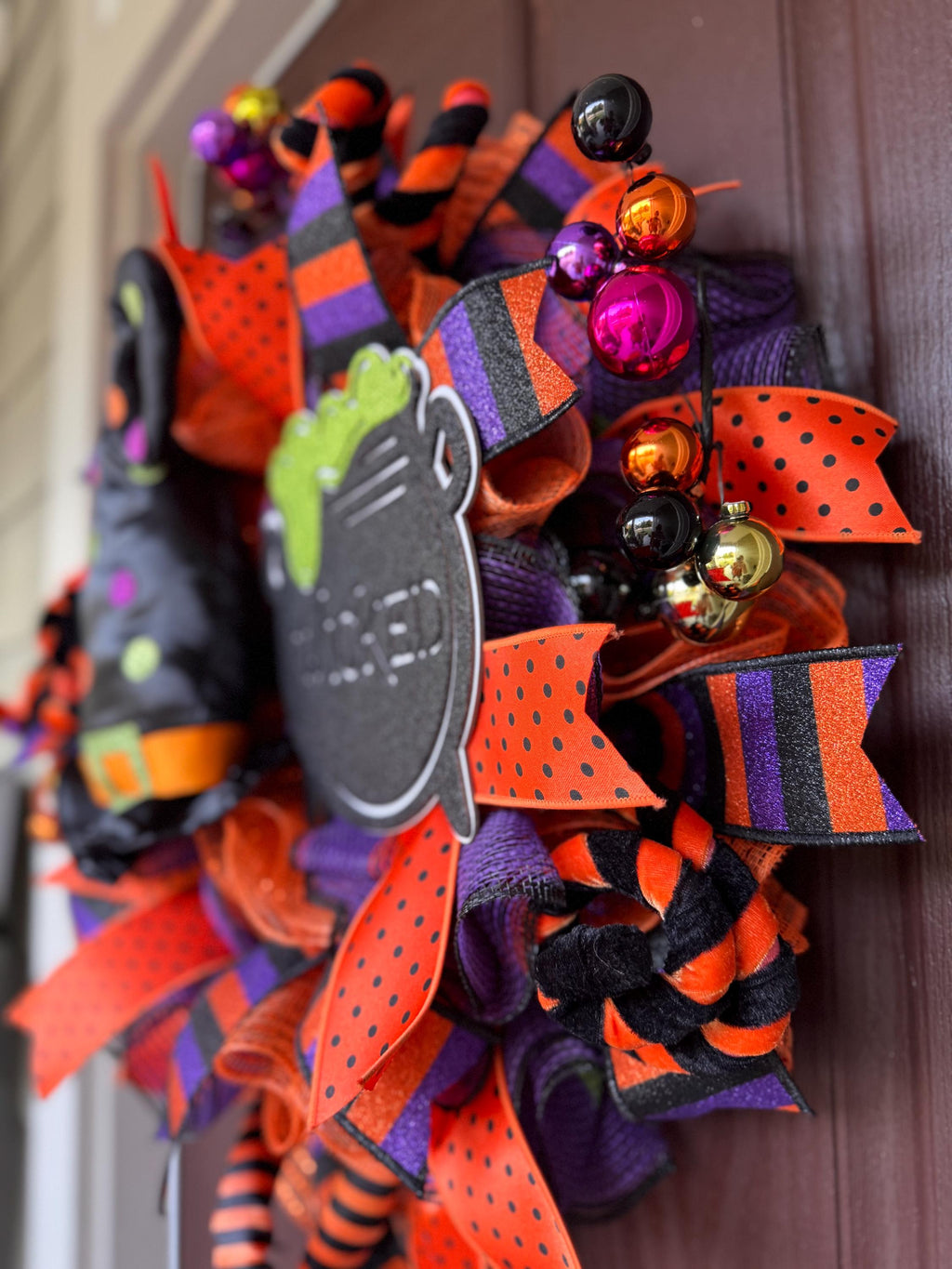 Wicked Witch Halloween Wreath – Orange, Black & Purple Deco Mesh Door Décor with Witch Hat, Legs with Wicked Cauldron Sign