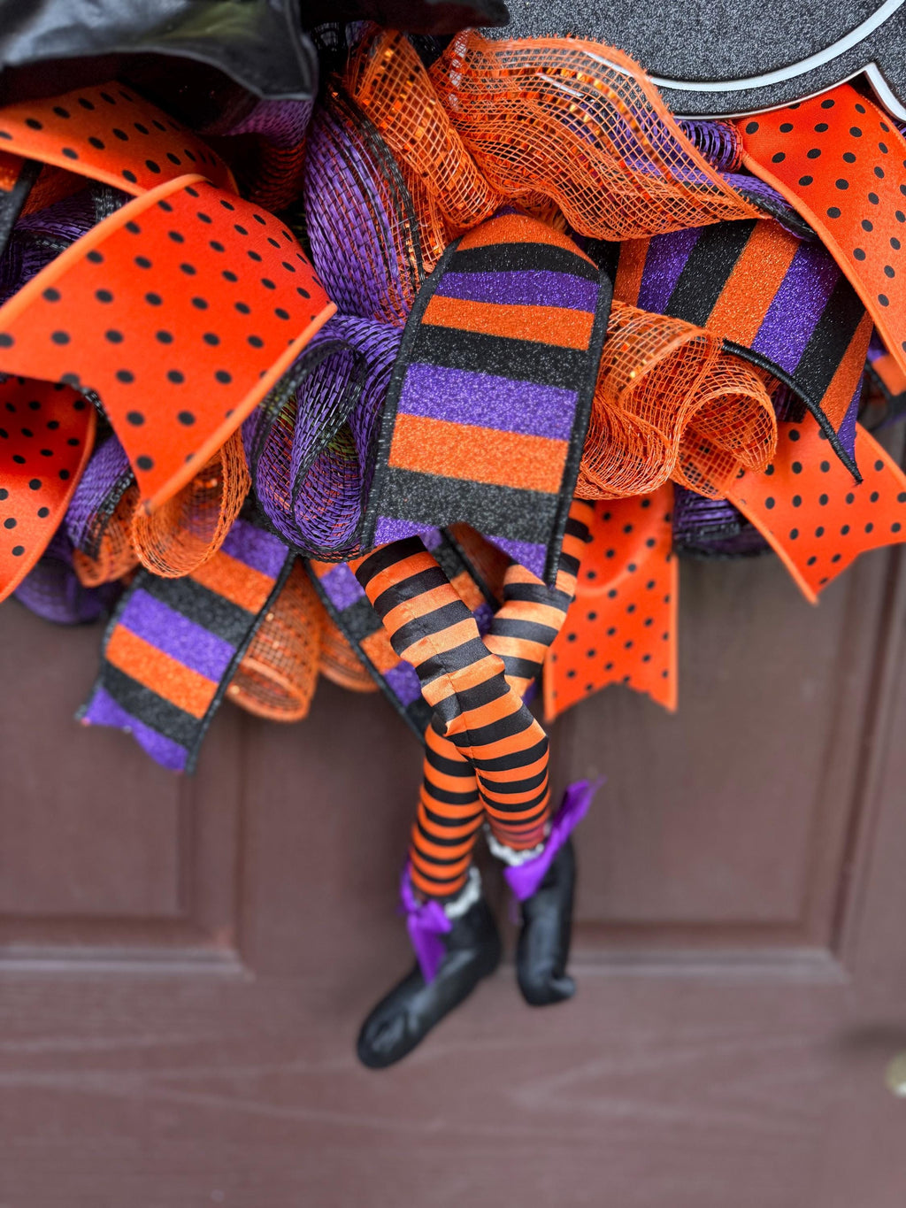 Wicked Witch Halloween Wreath – Orange, Black & Purple Deco Mesh Door Décor with Witch Hat, Legs with Wicked Cauldron Sign