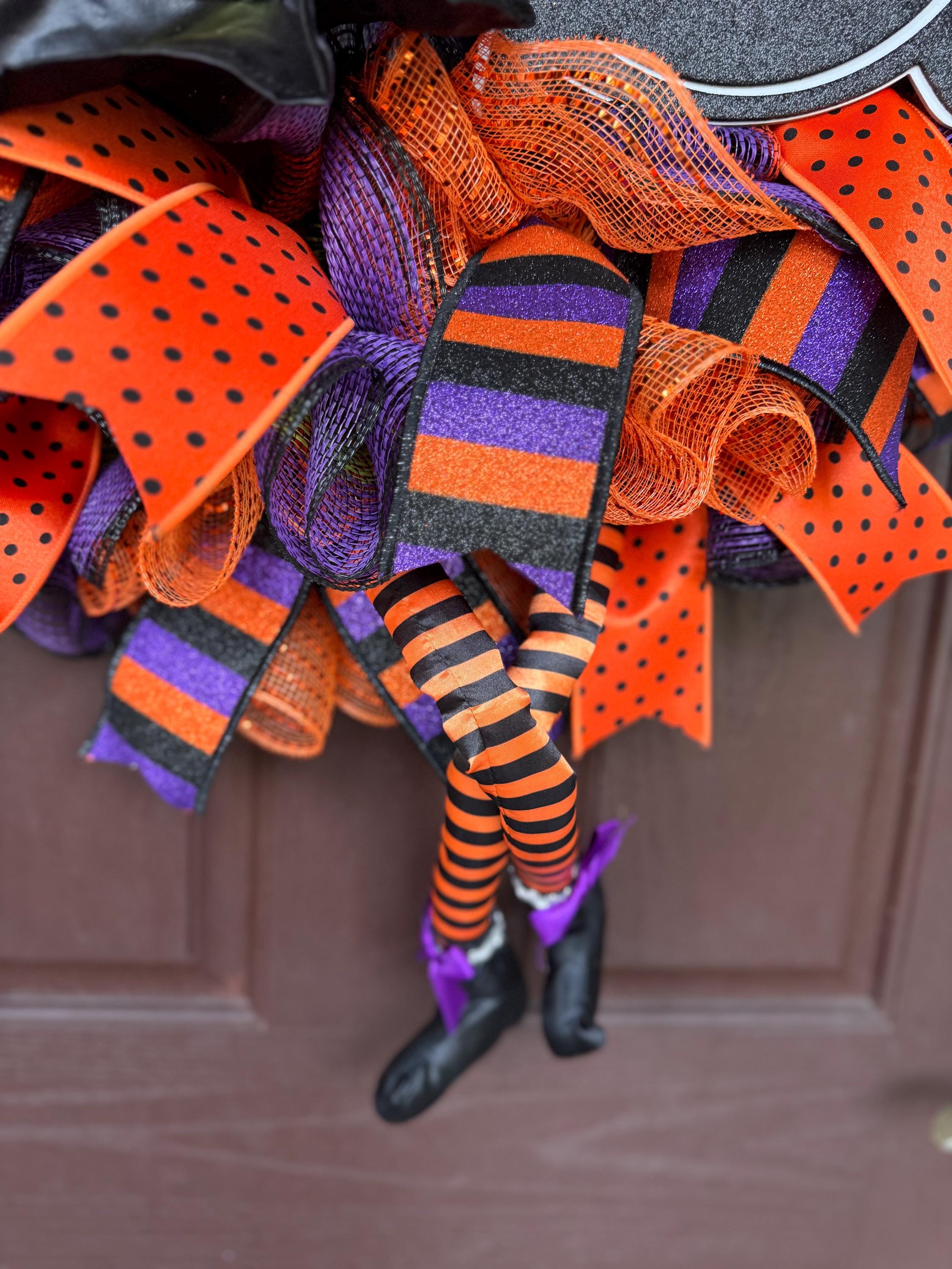 Wicked Witch Halloween Wreath – Orange, Black & Purple Deco Mesh Door Décor with Witch Hat, Legs with Wicked Cauldron Sign