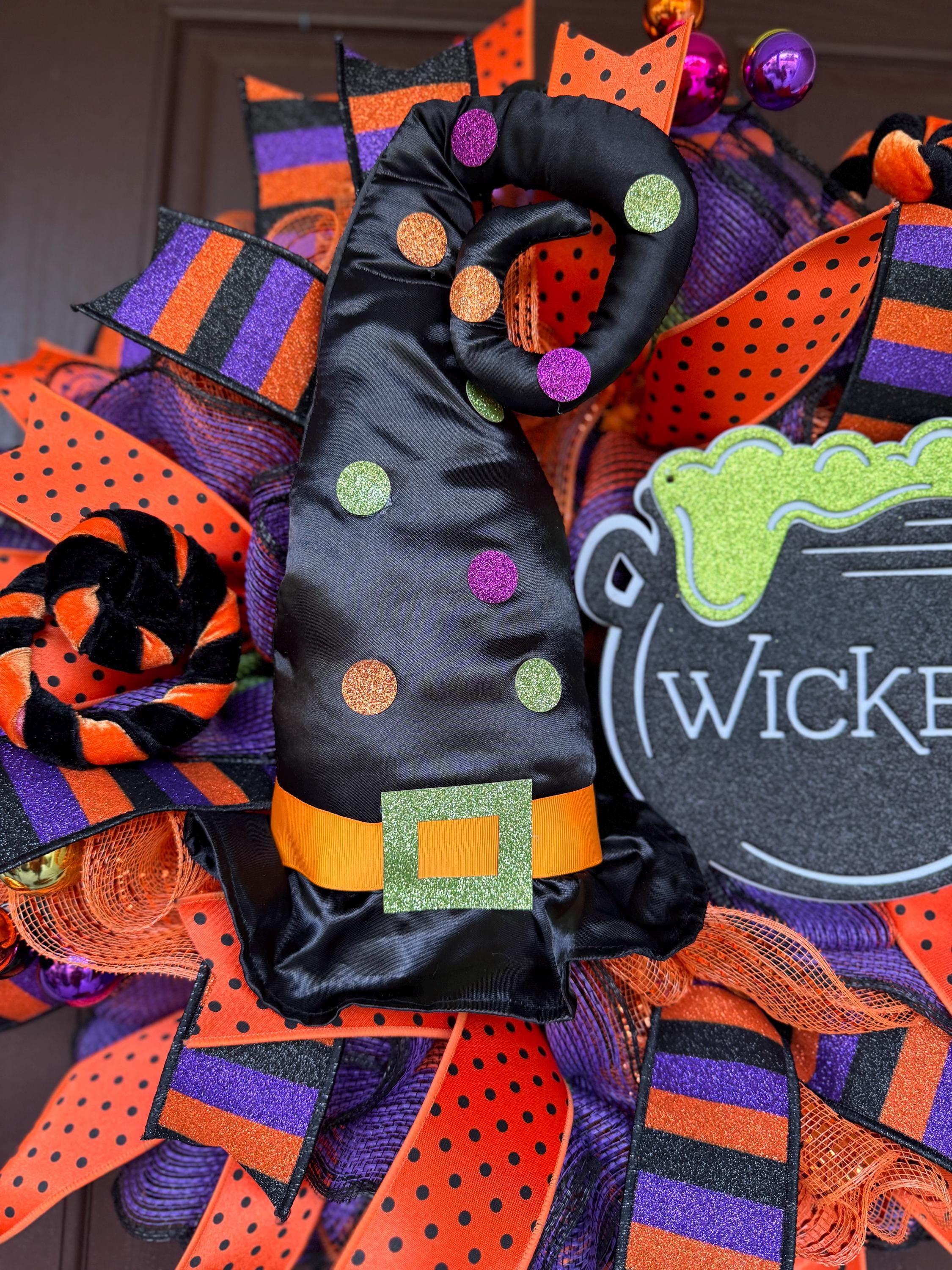 Wicked Witch Halloween Wreath – Orange, Black & Purple Deco Mesh Door Décor with Witch Hat, Legs with Wicked Cauldron Sign