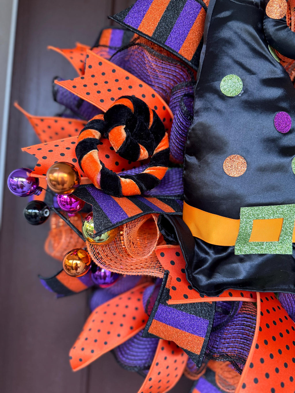 Wicked Witch Halloween Wreath – Orange, Black & Purple Deco Mesh Door Décor with Witch Hat, Legs with Wicked Cauldron Sign