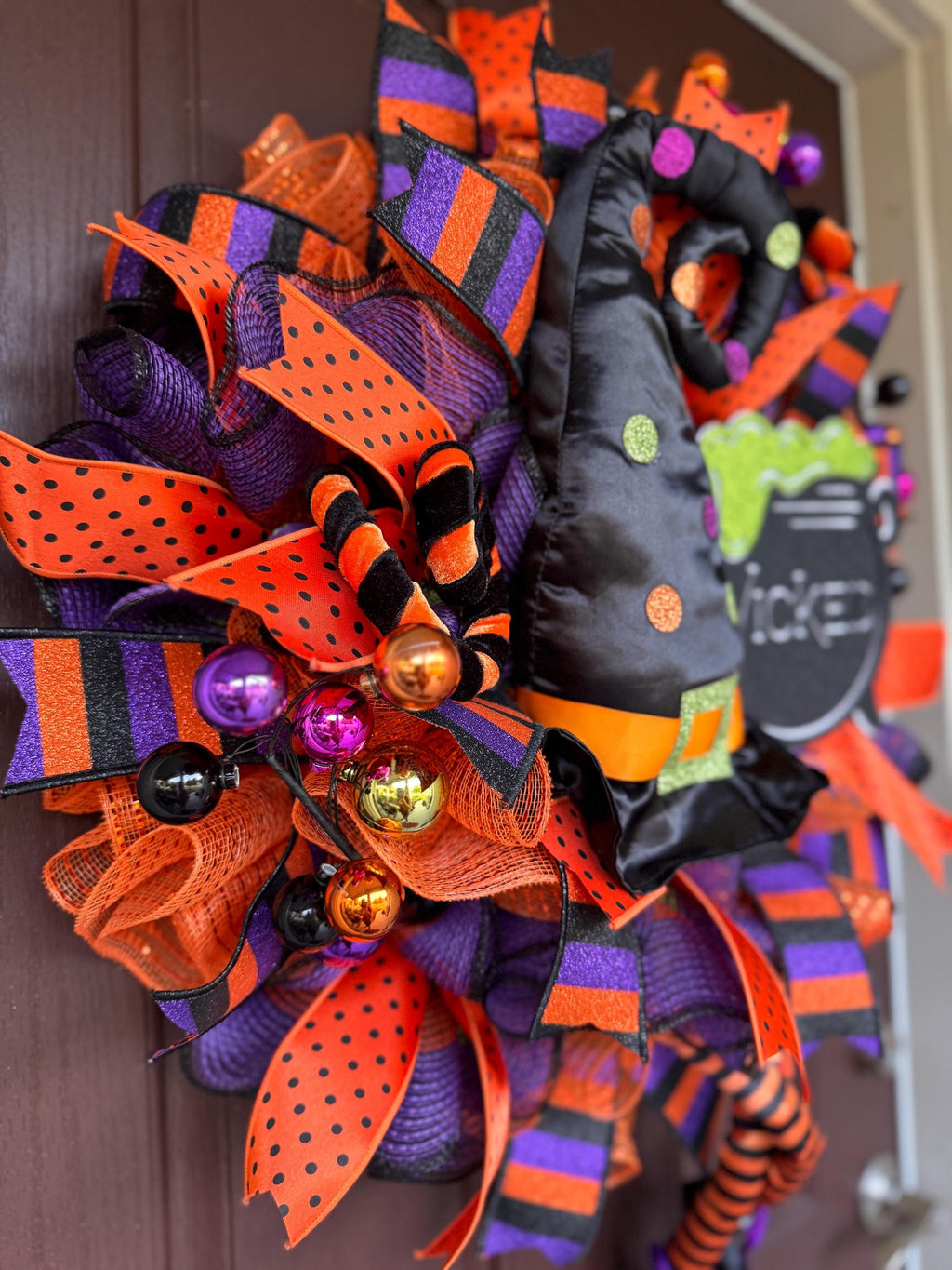 Wicked Witch Halloween Wreath – Orange, Black & Purple Deco Mesh Door Décor with Witch Hat, Legs with Wicked Cauldron Sign