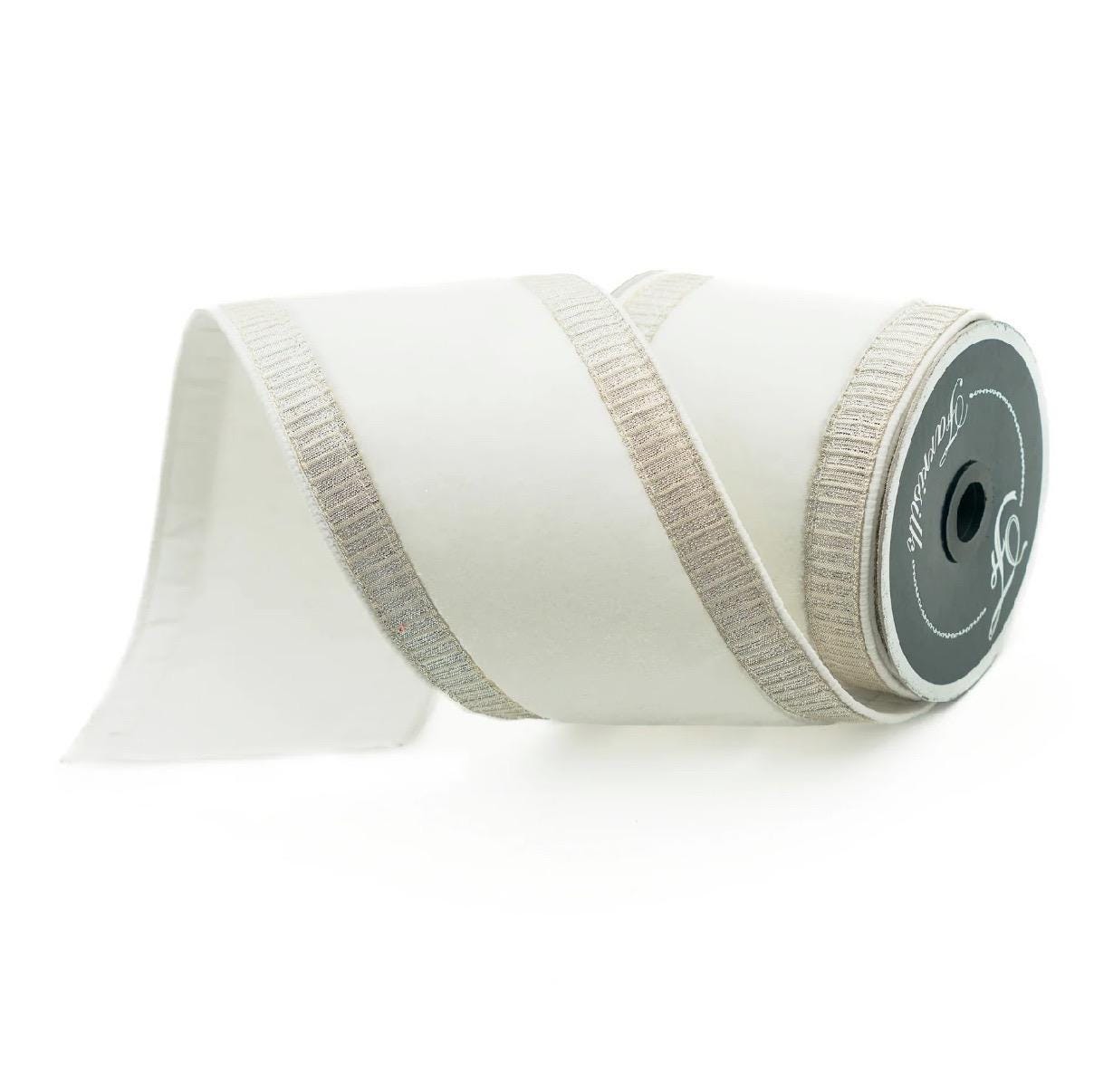 Farrisilk Pleated Borders White & Platinum Ribbon – 4” x 10yd | Elegant Christmas Ribbon, Extra Wide Holiday Wreath Bow Supply, Gift Wrappin