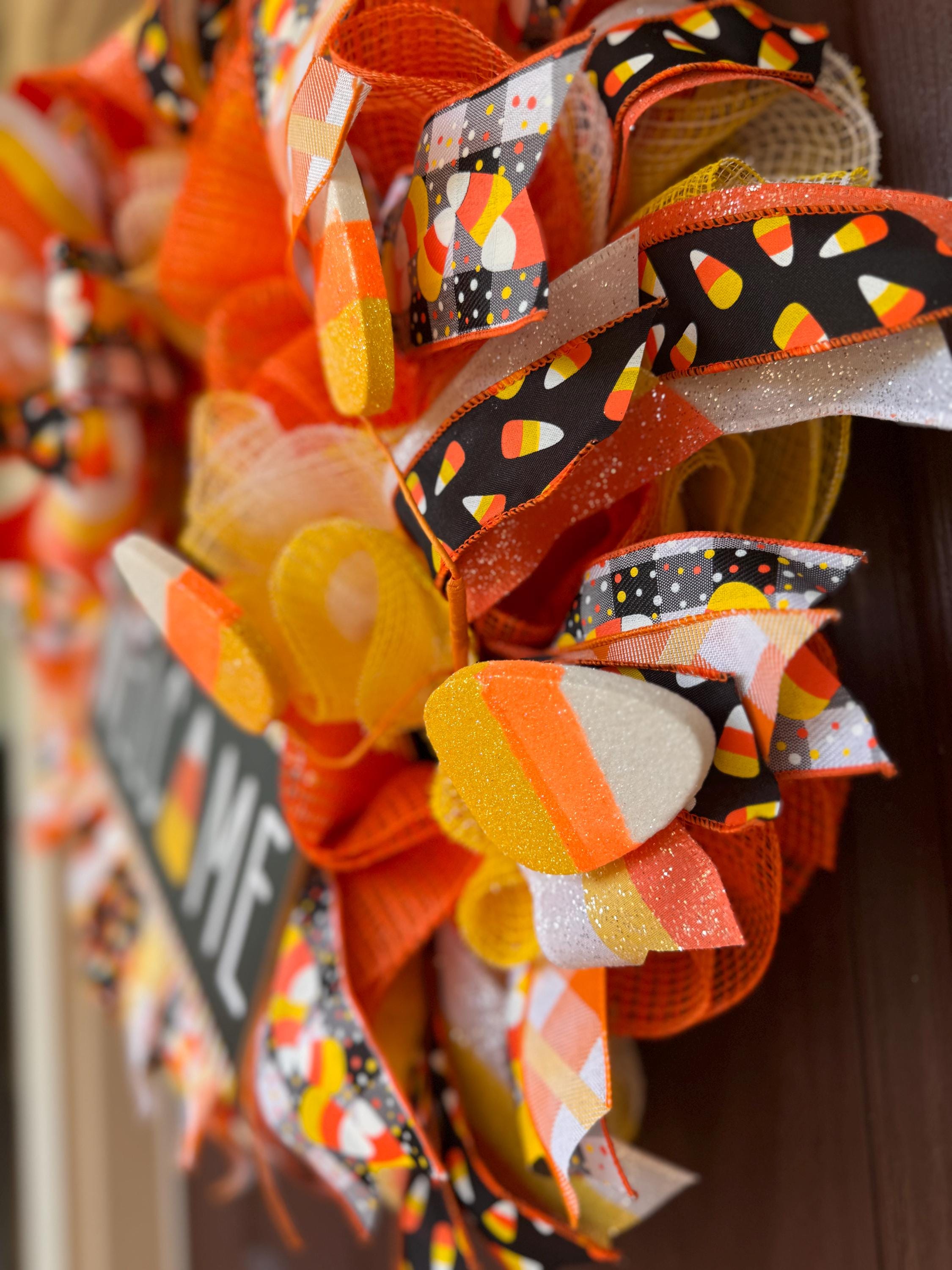 Candy Corn Halloween Wreath - Deco Mesh Welcome Wreath - Fall Front Door Decor - Orange Yellow Black Wreath - Trick or Treat Porch Wreath