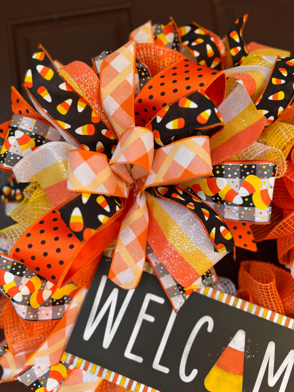 Candy Corn Halloween Wreath - Deco Mesh Welcome Wreath - Fall Front Door Decor - Orange Yellow Black Wreath - Trick or Treat Porch Wreath