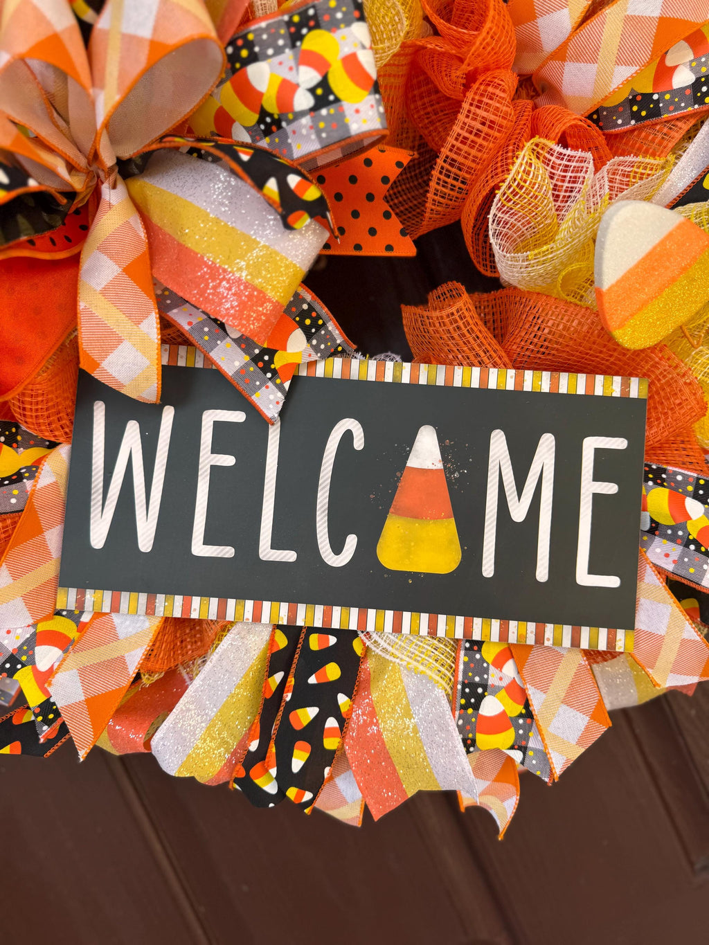 Candy Corn Halloween Wreath - Deco Mesh Welcome Wreath - Fall Front Door Decor - Orange Yellow Black Wreath - Trick or Treat Porch Wreath
