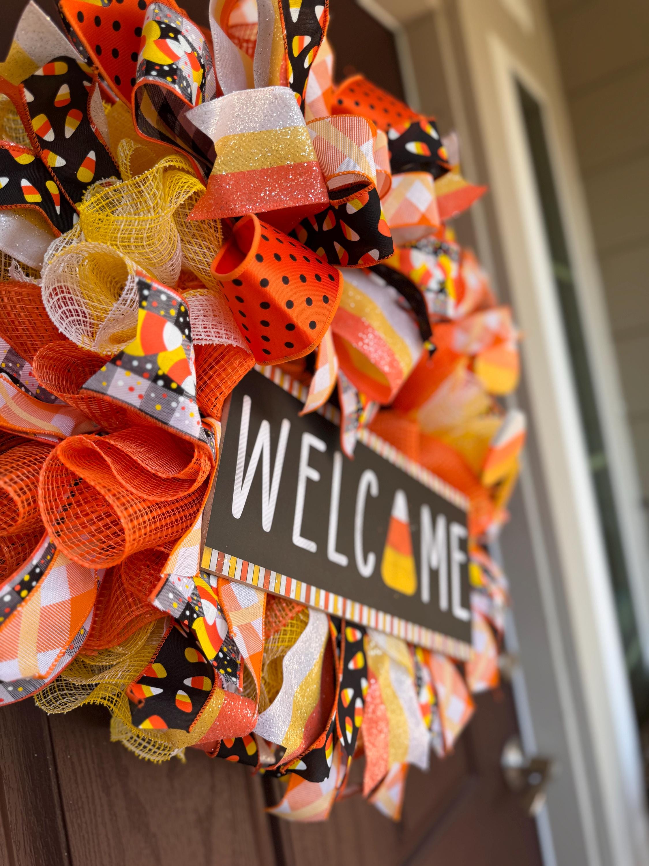 Candy Corn Halloween Wreath - Deco Mesh Welcome Wreath - Fall Front Door Decor - Orange Yellow Black Wreath - Trick or Treat Porch Wreath