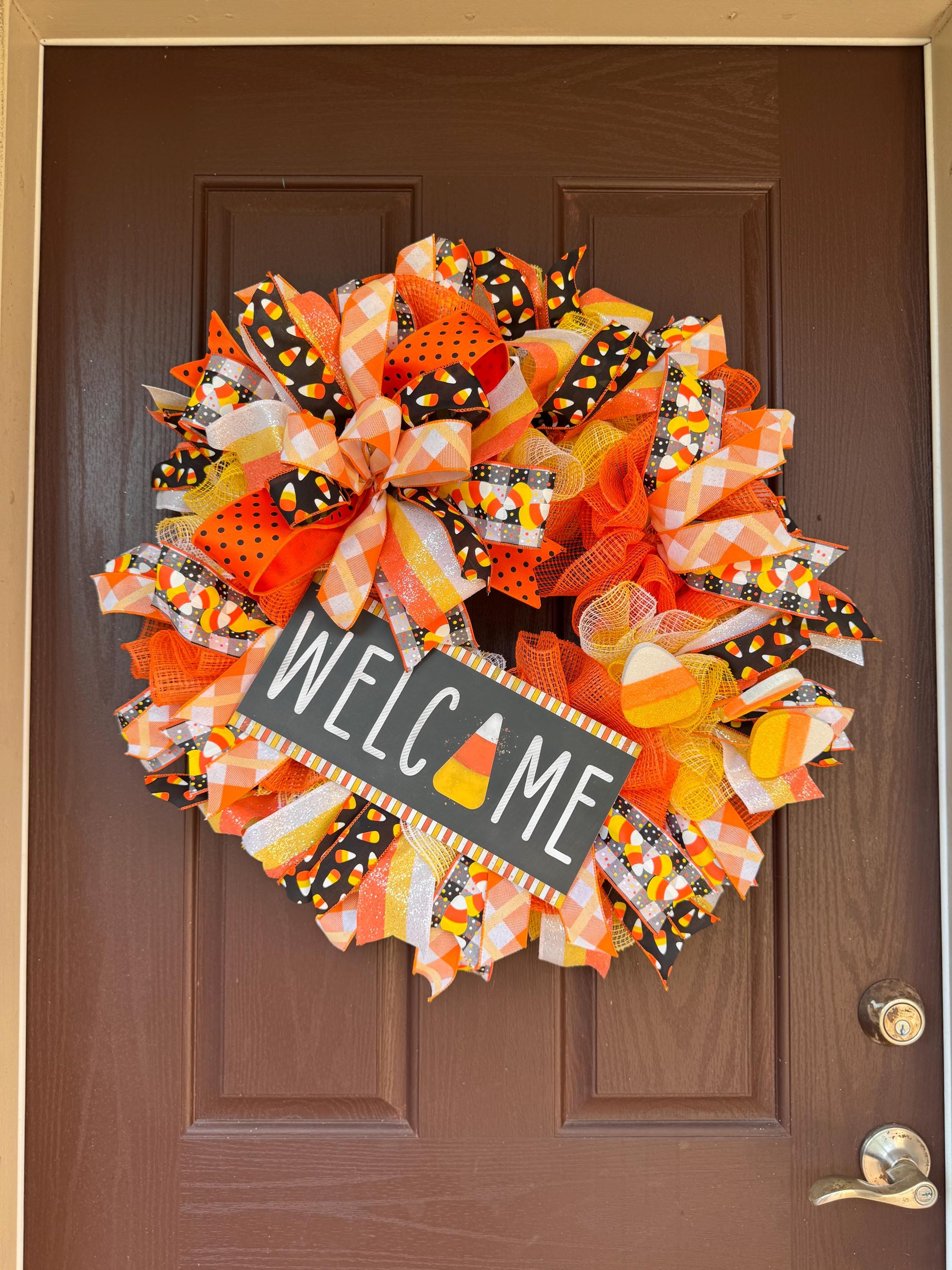 Candy Corn Halloween Wreath - Deco Mesh Welcome Wreath - Fall Front Door Decor - Orange Yellow Black Wreath - Trick or Treat Porch Wreath