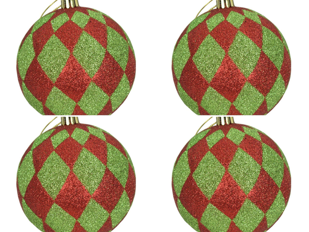David Christopher Christmas Red and Green Harlequin Glitter Ornaments 4" –Set of 4 –Christmas Baubles for Trees, Wreaths, and Holiday Decor