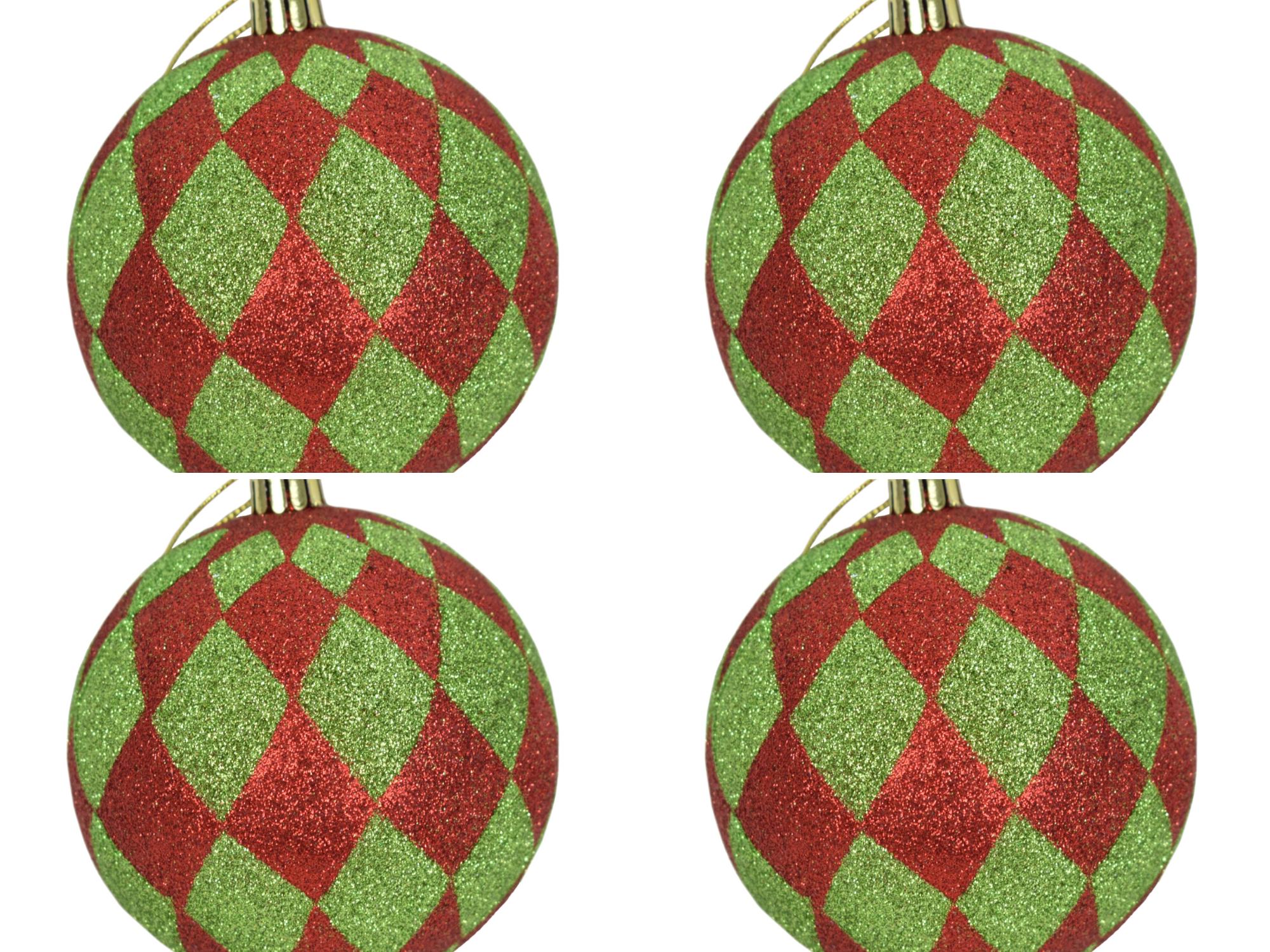 David Christopher Christmas Red and Green Harlequin Glitter Ornaments 4" –Set of 4 –Christmas Baubles for Trees, Wreaths, and Holiday Decor
