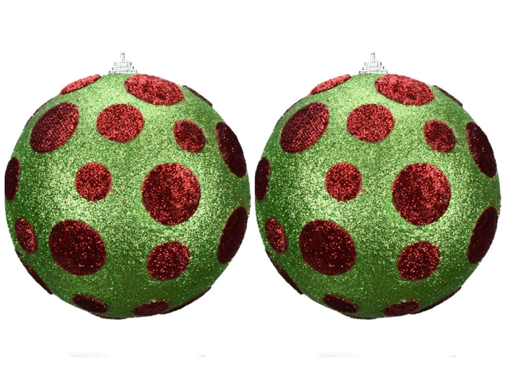 Whimsy Dot Ball Ornaments 6" – Set of 2 – David Christopher Green and Red Glitter Christmas Tree Decorations, Large Holiday Ornaments